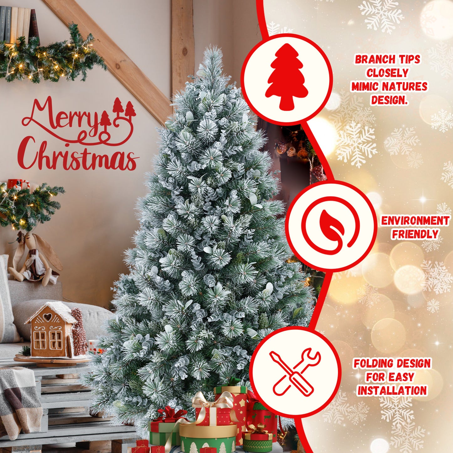 Árbol decorativo navideño con simulación de nieve