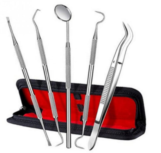 Juego de herramientas dentales de 5 piezas Raspador de dientes de acero inoxidable Talla de cera Kit de herramientas de dentista Explorador Sonda Picks Espejo Dientes Limpio Cuidado bucal