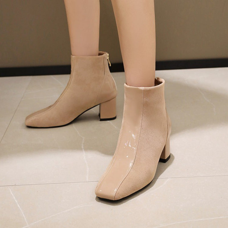 Botas de tacón grueso con punta cuadrada de moda para mujer