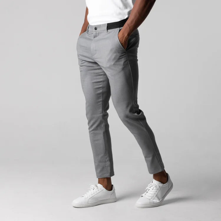 Comfortable Solid Color Pants Elegant Slim Fit Men's Business Trousers With Elastic Waist Button Closure Pockets