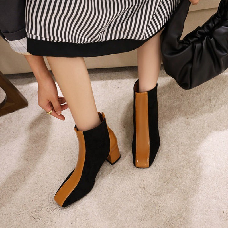 Botas de tacón grueso con punta cuadrada de moda para mujer