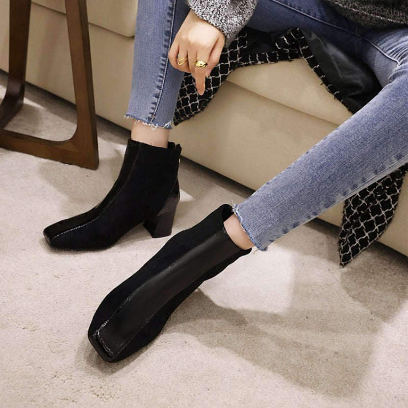 Botas de tacón grueso con punta cuadrada de moda para mujer