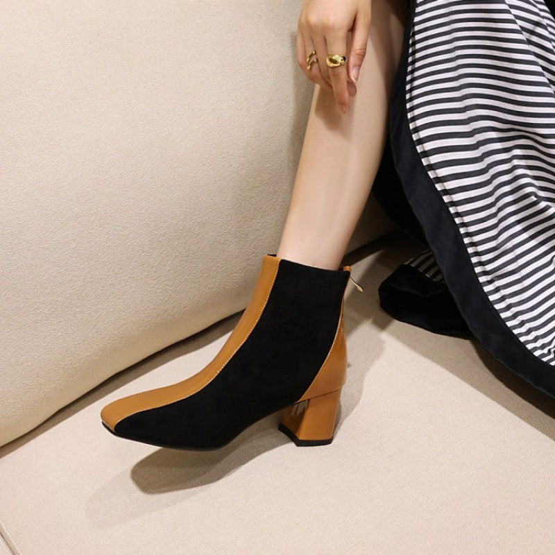 Botas de tacón grueso con punta cuadrada de moda para mujer