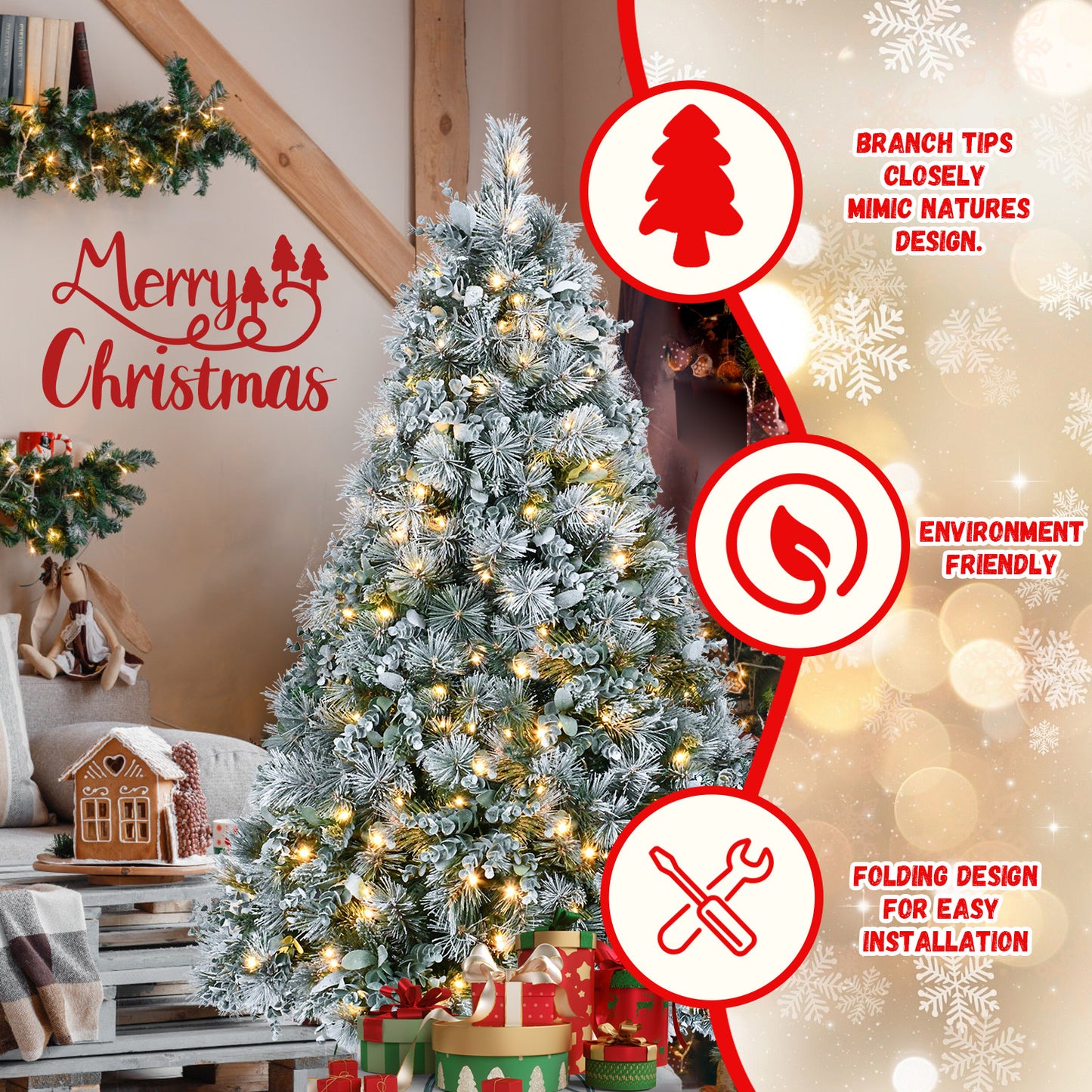Árbol decorativo navideño con simulación de nieve