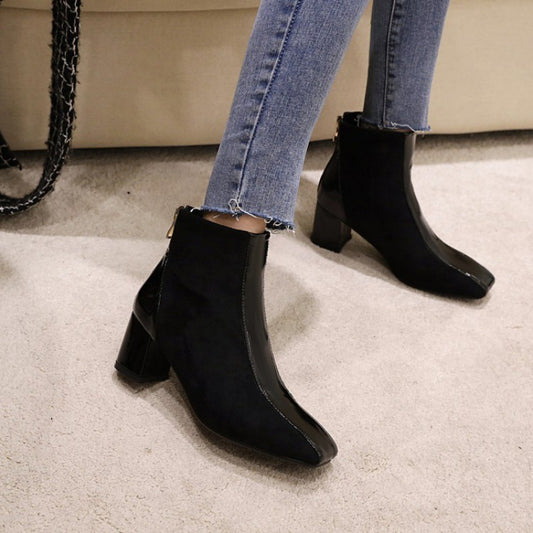 Botas de tacón grueso con punta cuadrada de moda para mujer