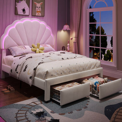 Pholstered Bed, Adults Teenagers 4ft6 Double Bed 135x190cm, Shell Shape Backrest, 2 Drawers, Iron Bed Legs, With 16 Colors LED-light Strips, Velvet Iron, Beige