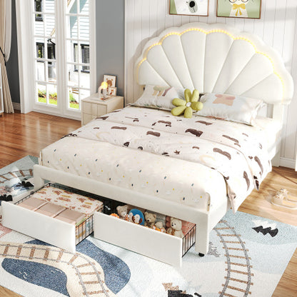 Pholstered Bed, Adults Teenagers 4ft6 Double Bed 135x190cm, Shell Shape Backrest, 2 Drawers, Iron Bed Legs, With 16 Colors LED-light Strips, Velvet Iron, Beige