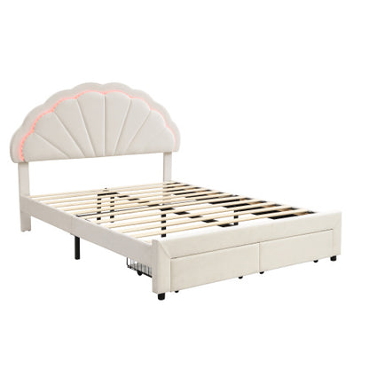 Pholstered Bed, Adults Teenagers 4ft6 Double Bed 135x190cm, Shell Shape Backrest, 2 Drawers, Iron Bed Legs, With 16 Colors LED-light Strips, Velvet Iron, Beige